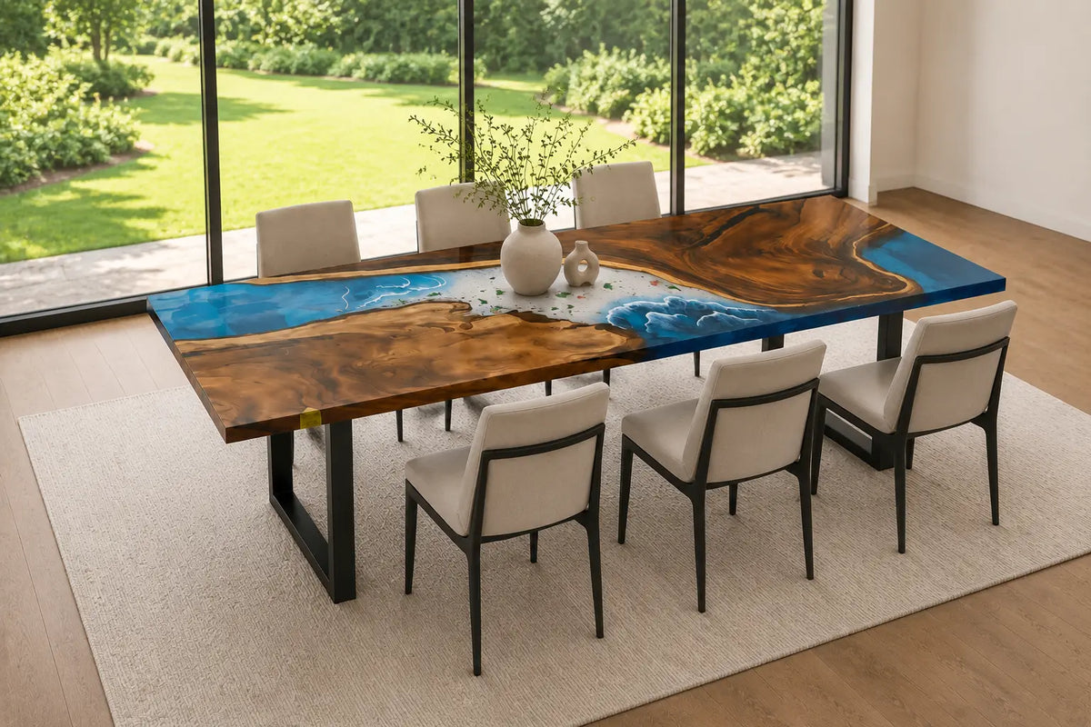 EDTC11 Pacific Crest Ocean Blue Epoxy Walnut Dining Table featuring handcrafted walnut wood and ocean blue resin-1