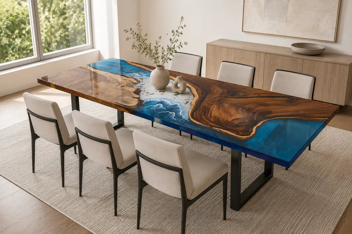 EDTC11 Pacific Crest Ocean Blue Epoxy Walnut Dining Table featuring handcrafted walnut wood and ocean blue resin-2