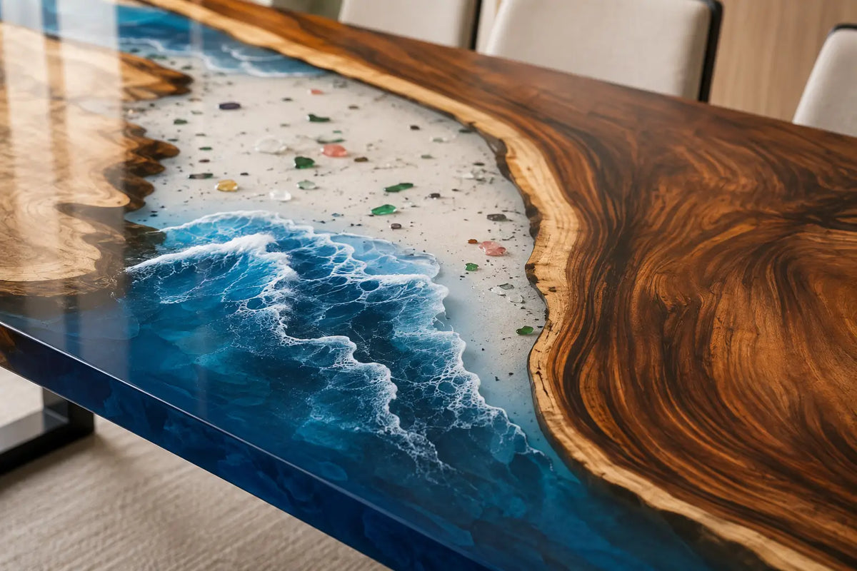 EDTC11 Pacific Crest Ocean Blue Epoxy Walnut Dining Table featuring handcrafted walnut wood and ocean blue resin-3