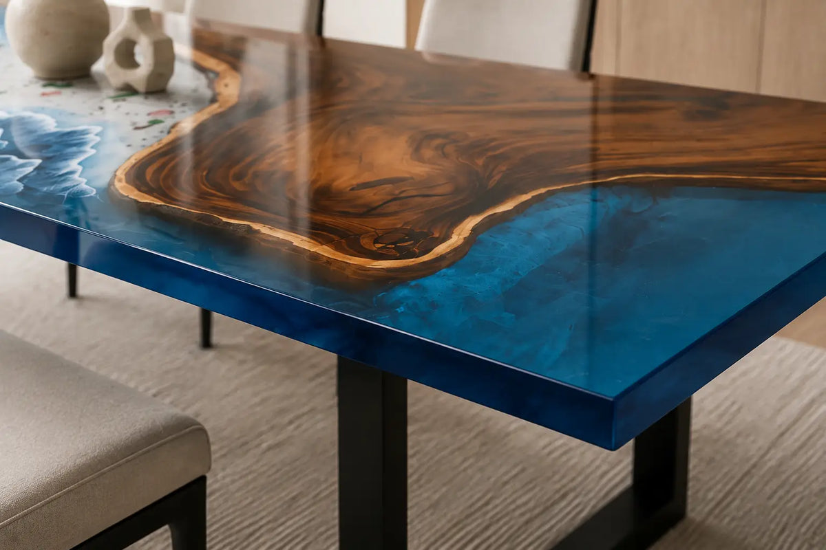 EDTC11 Pacific Crest Ocean Blue Epoxy Walnut Dining Table featuring handcrafted walnut wood and ocean blue resin-4
