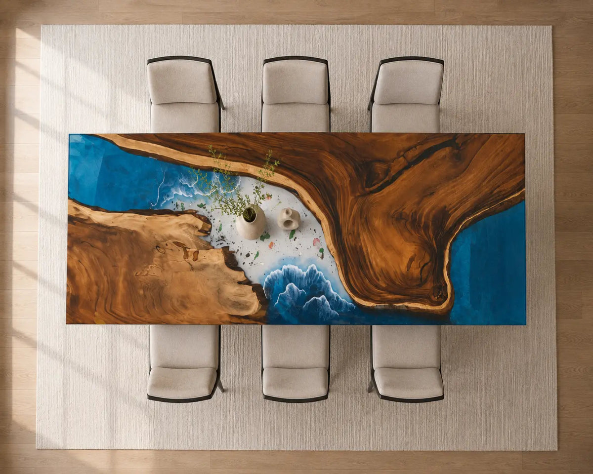 EDTC11 Pacific Crest Ocean Blue Epoxy Walnut Dining Table featuring handcrafted walnut wood and ocean blue resin-5