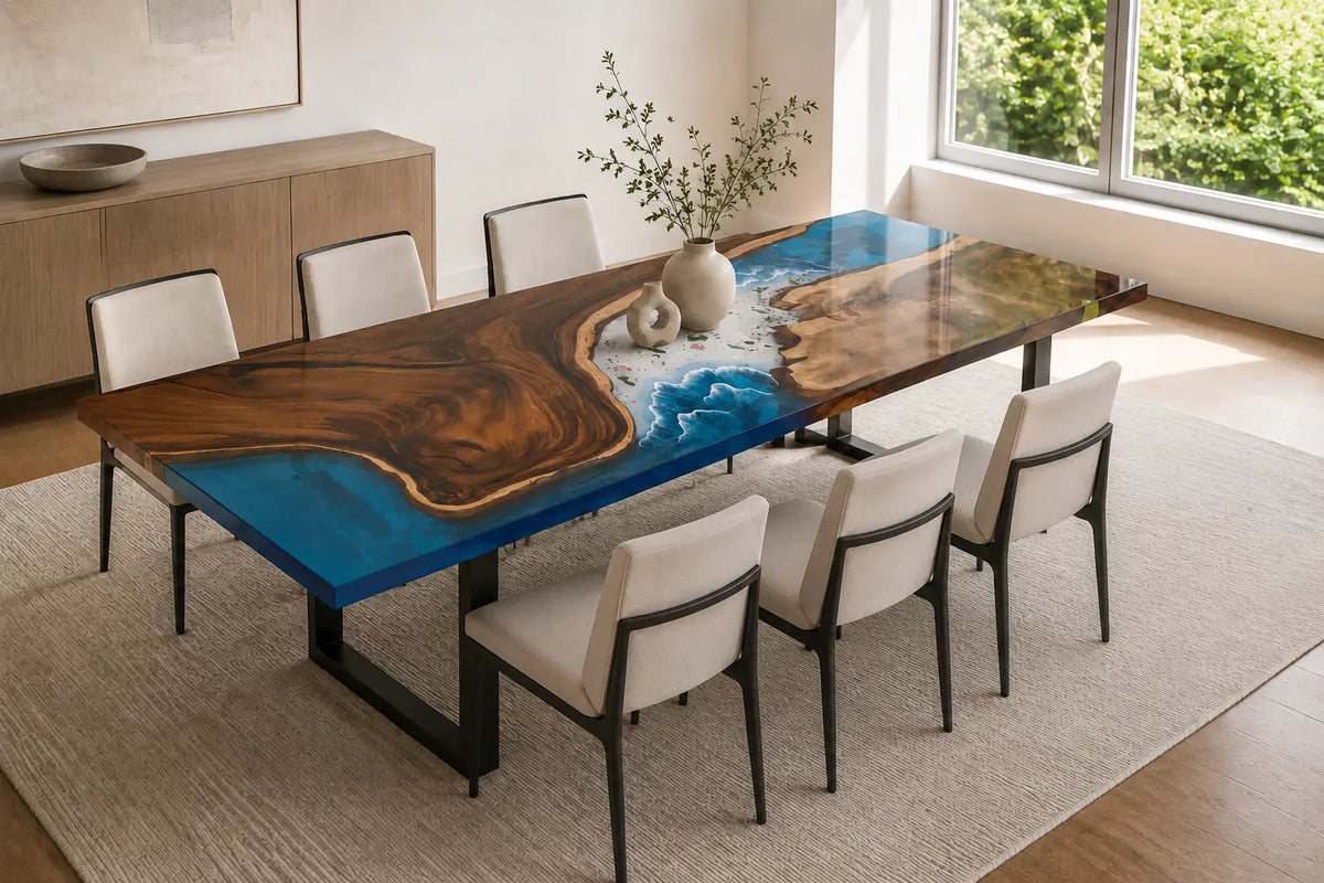 EDTC11 Pacific Crest Ocean Blue Epoxy Walnut Dining Table featuring handcrafted walnut wood and ocean blue resin-6