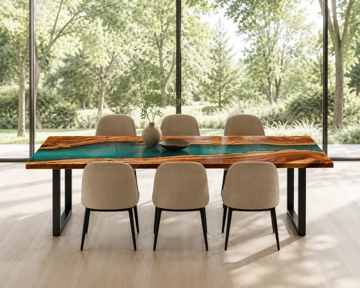 EDTC12 Lagoon Narrows Turquoise Epoxy Walnut Dining Table featuring handcrafted walnut wood and turquoise resin-1