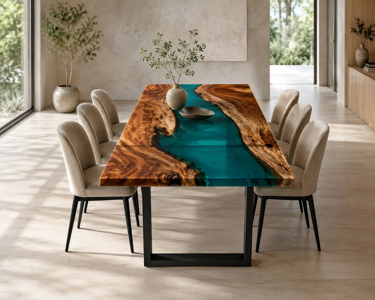 EDTC12 Lagoon Narrows Turquoise Epoxy Walnut Dining Table featuring handcrafted walnut wood and turquoise resin-2