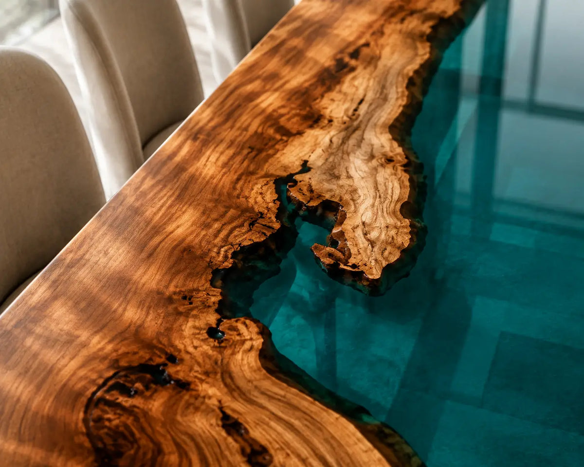 EDTC12 Lagoon Narrows Turquoise Epoxy Walnut Dining Table featuring handcrafted walnut wood and turquoise resin-3