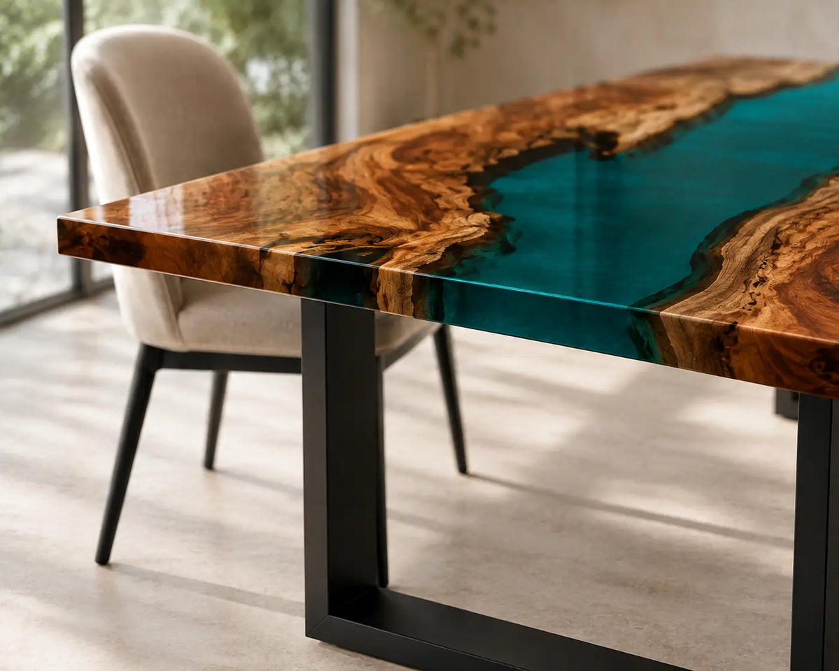 EDTC12 Lagoon Narrows Turquoise Epoxy Walnut Dining Table featuring handcrafted walnut wood and turquoise resin-4