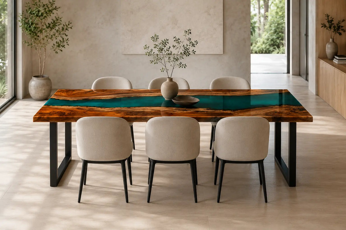 EDTC12 Lagoon Narrows Turquoise Epoxy Walnut Dining Table featuring handcrafted walnut wood and turquoise resin-5