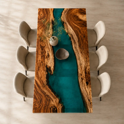 EDTC12 Lagoon Narrows Turquoise Epoxy Walnut Dining Table featuring handcrafted walnut wood and turquoise resin-6