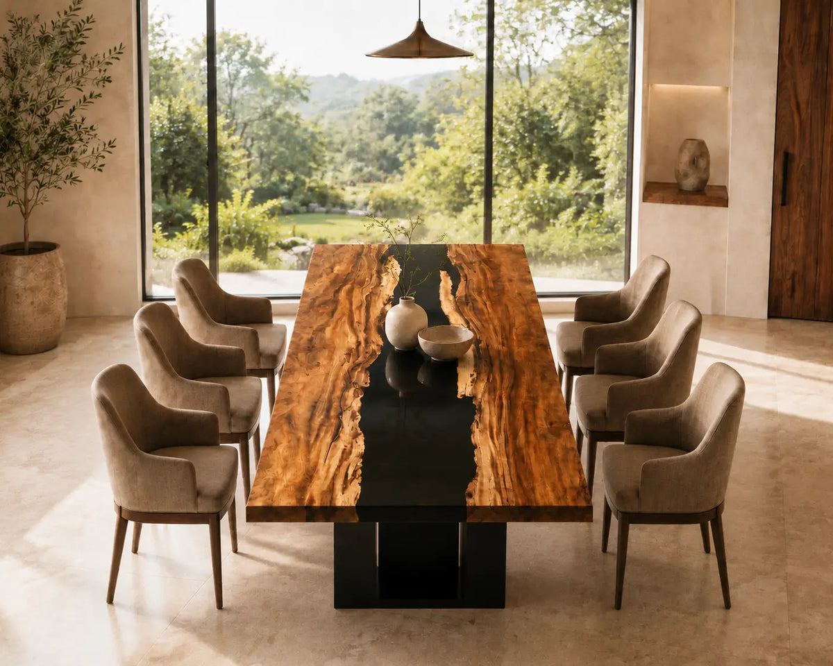 EDTC13 Blackwater Line Black Epoxy Walnut Dining Table featuring handcrafted walnut wood and black resin-1