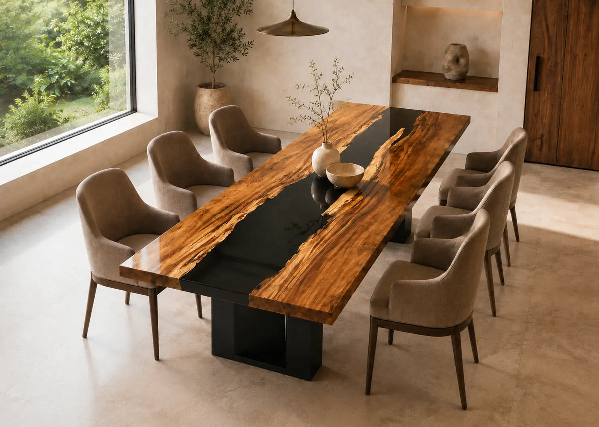 EDTC13 Blackwater Line Black Epoxy Walnut Dining Table featuring handcrafted walnut wood and black resin-2