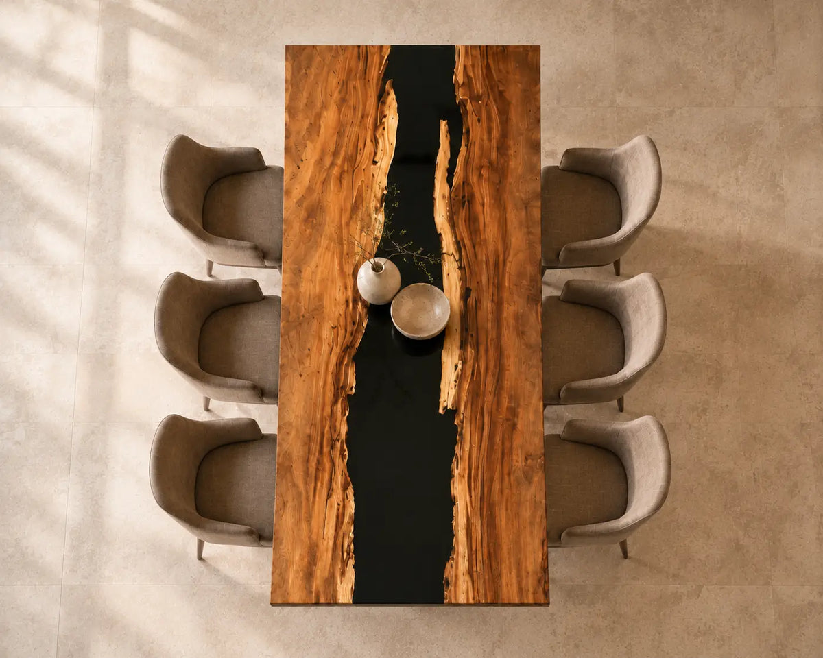 EDTC13 Blackwater Line Black Epoxy Walnut Dining Table featuring handcrafted walnut wood and black resin-5