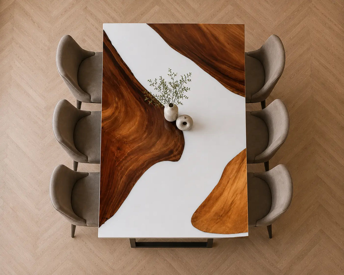 EDTC14 Porcelain Bay Pearl White Epoxy Walnut Dining Table featuring handcrafted walnut wood and pearl white resin-1