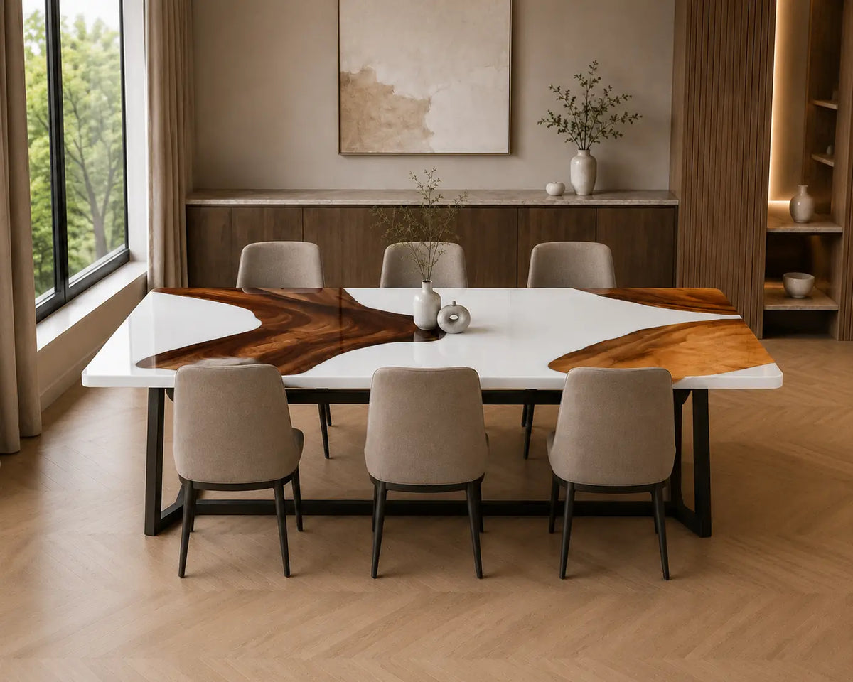 EDTC14 Porcelain Bay Pearl White Epoxy Walnut Dining Table featuring handcrafted walnut wood and pearl white resin-2