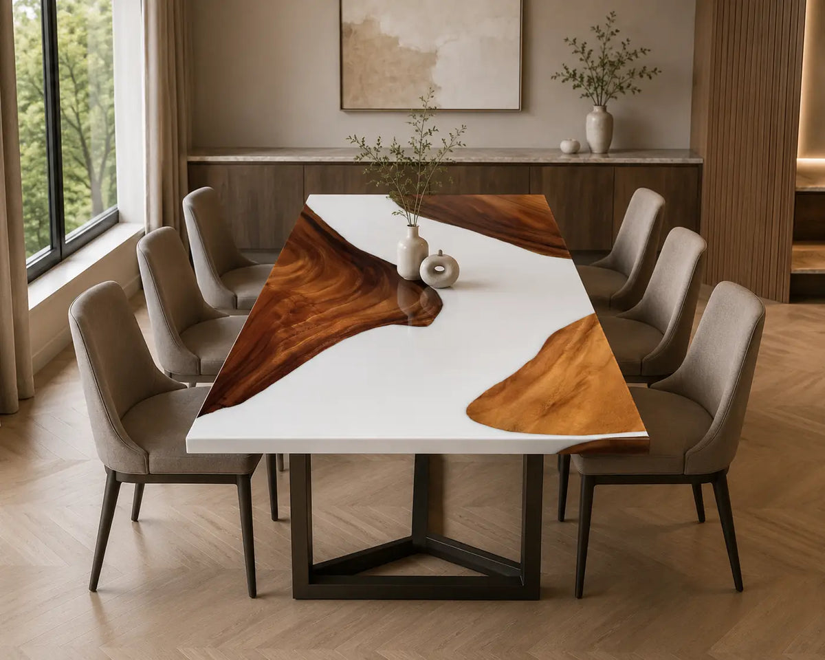 EDTC14 Porcelain Bay Pearl White Epoxy Walnut Dining Table featuring handcrafted walnut wood and pearl white resin-3