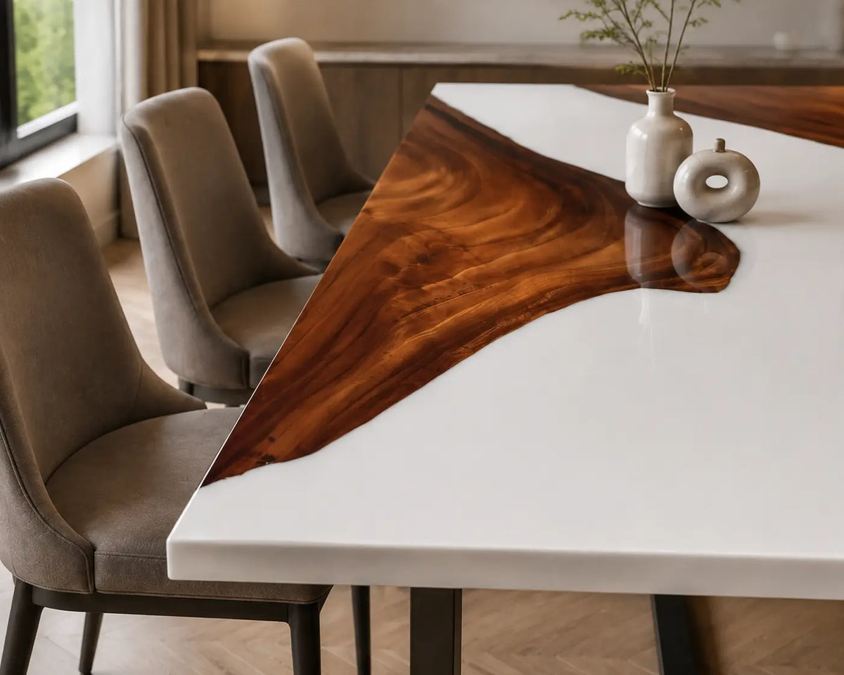 EDTC14 Porcelain Bay Pearl White Epoxy Walnut Dining Table featuring handcrafted walnut wood and pearl white resin-4