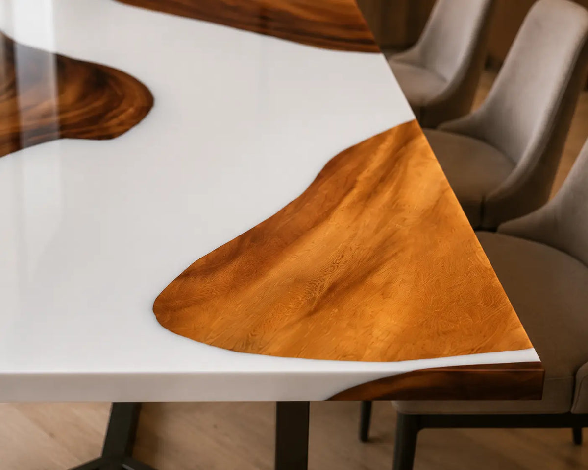 EDTC14 Porcelain Bay Pearl White Epoxy Walnut Dining Table featuring handcrafted walnut wood and pearl white resin-5