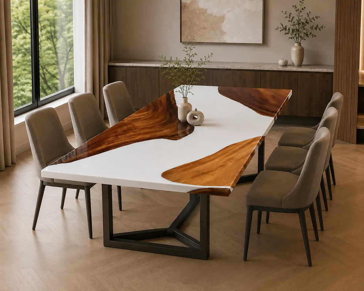 EDTC14 Porcelain Bay Pearl White Epoxy Walnut Dining Table featuring handcrafted walnut wood and pearl white resin-6