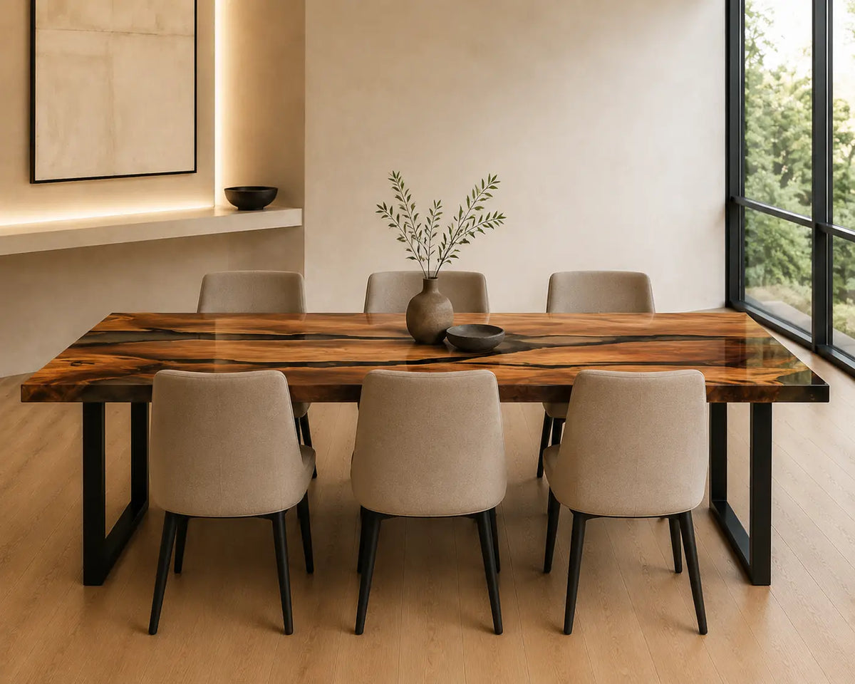 EDTC15 Charcoal Vein Black Epoxy Walnut Dining Table featuring handcrafted walnut wood and black resin-1