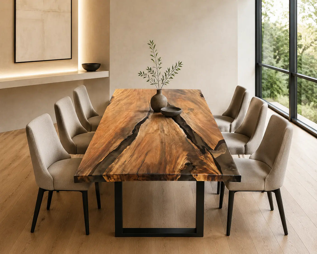EDTC15 Charcoal Vein Black Epoxy Walnut Dining Table featuring handcrafted walnut wood and black resin-2