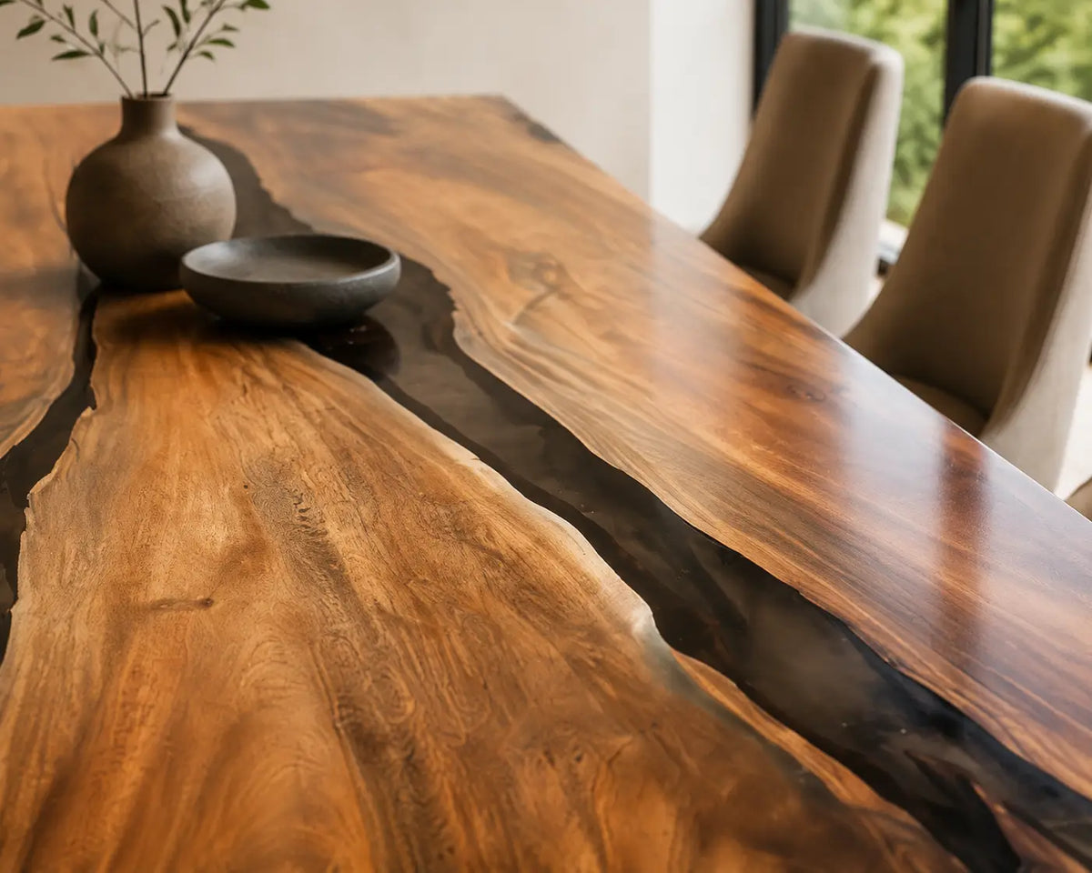 EDTC15 Charcoal Vein Black Epoxy Walnut Dining Table featuring handcrafted walnut wood and black resin-3