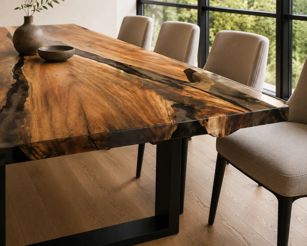 EDTC15 Charcoal Vein Black Epoxy Walnut Dining Table featuring handcrafted walnut wood and black resin-4