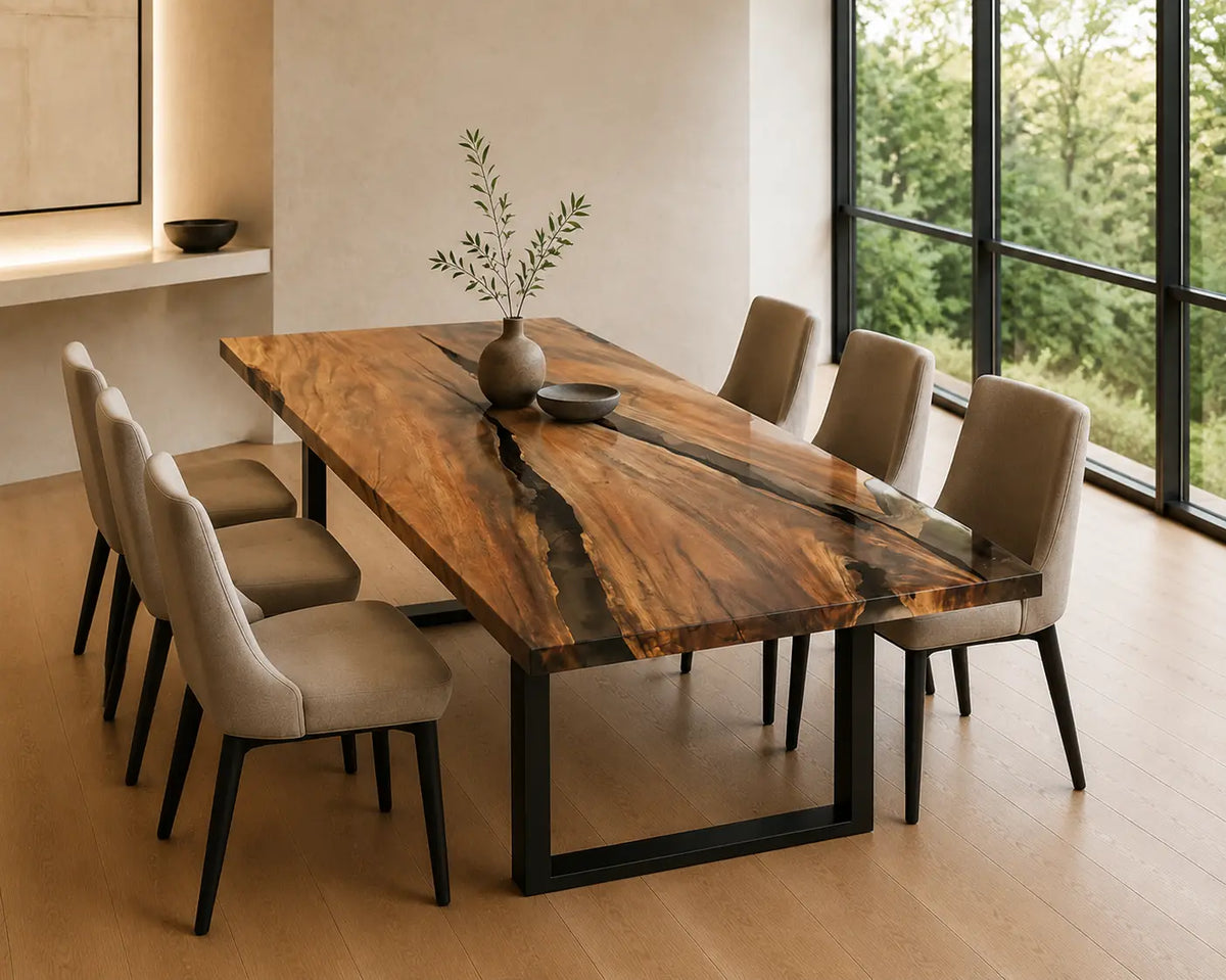 EDTC15 Charcoal Vein Black Epoxy Walnut Dining Table featuring handcrafted walnut wood and black resin-5