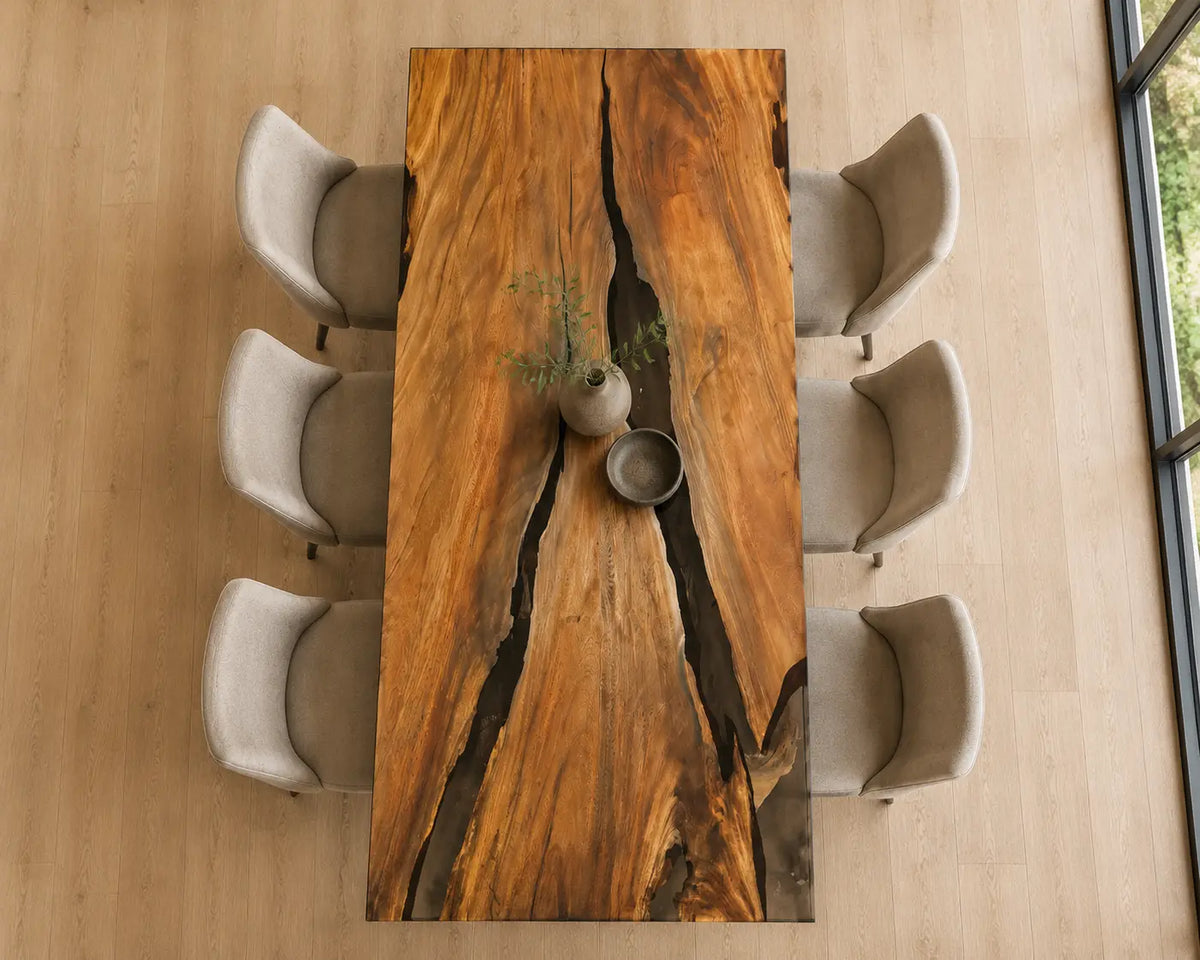 EDTC15 Charcoal Vein Black Epoxy Walnut Dining Table featuring handcrafted walnut wood and black resin-6