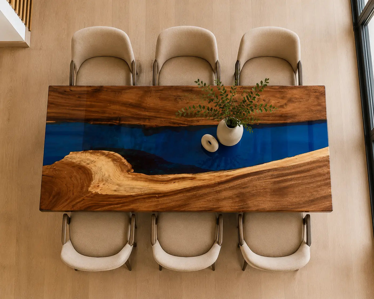 EDTC16 Blue Canyon Cobalt Blue Epoxy Walnut Dining Table featuring handcrafted walnut wood and cobalt blue resin-1