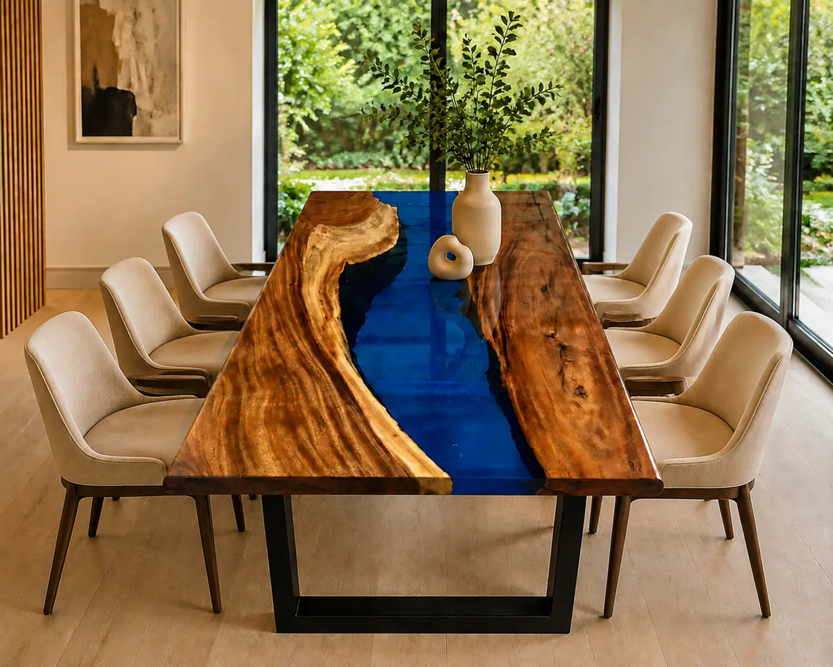 EDTC16 Blue Canyon Cobalt Blue Epoxy Walnut Dining Table featuring handcrafted walnut wood and cobalt blue resin-2