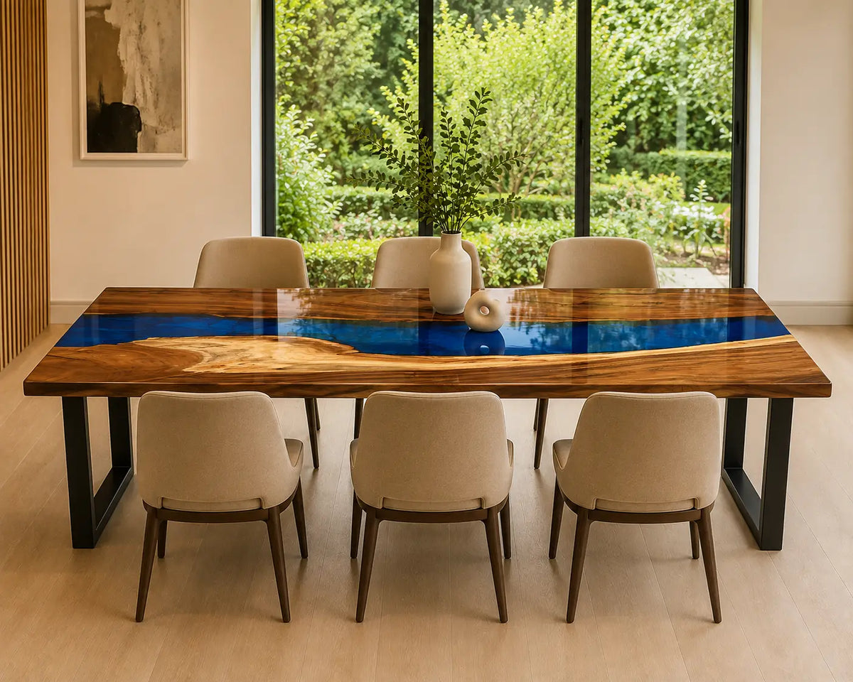 EDTC16 Blue Canyon Cobalt Blue Epoxy Walnut Dining Table featuring handcrafted walnut wood and cobalt blue resin-6