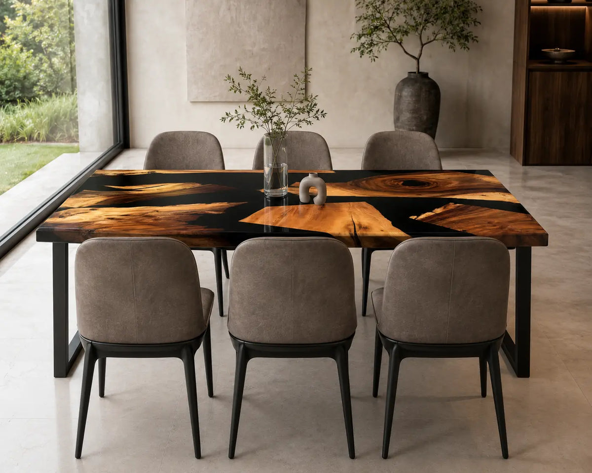 EDTC17 Onyx Archipelago Black Epoxy Walnut Dining Table featuring handcrafted walnut wood and black resin-1