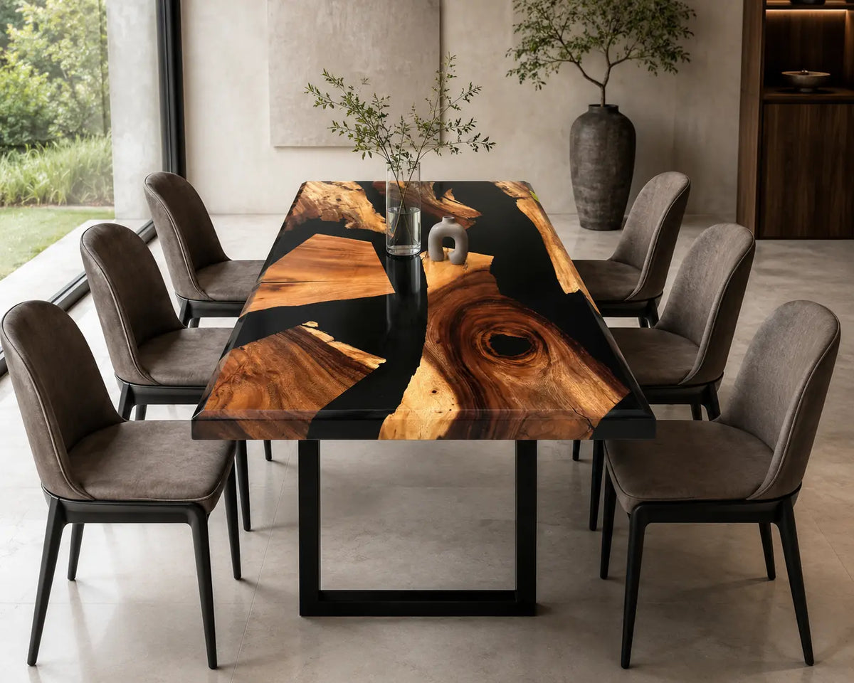 EDTC17 Onyx Archipelago Black Epoxy Walnut Dining Table featuring handcrafted walnut wood and black resin-2