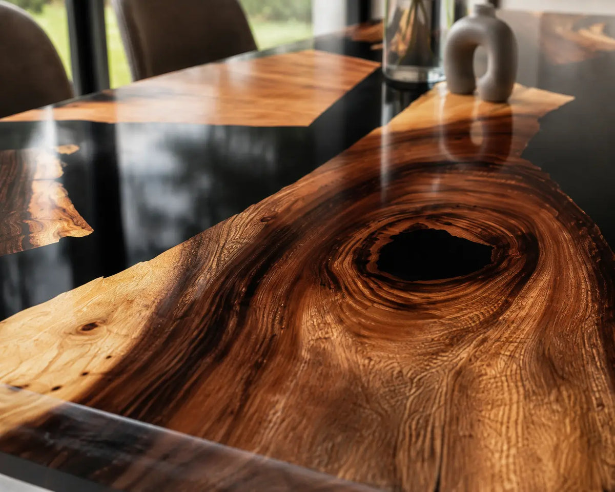 EDTC17 Onyx Archipelago Black Epoxy Walnut Dining Table featuring handcrafted walnut wood and black resin-4