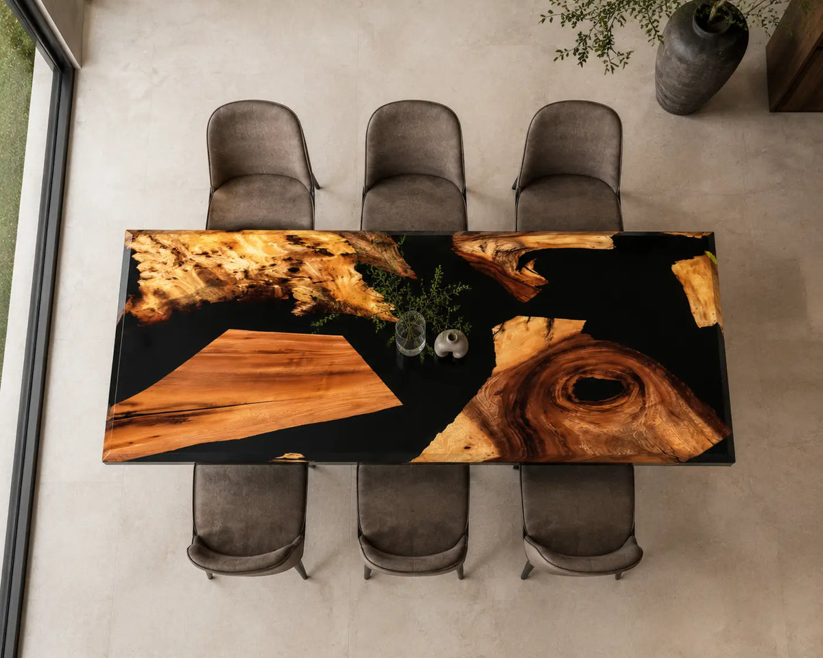 EDTC17 Onyx Archipelago Black Epoxy Walnut Dining Table featuring handcrafted walnut wood and black resin-5