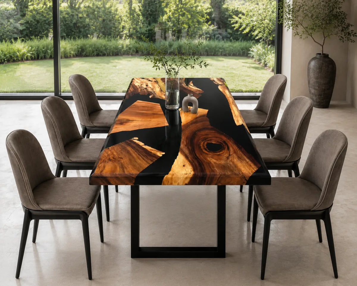 EDTC17 Onyx Archipelago Black Epoxy Walnut Dining Table featuring handcrafted walnut wood and black resin-6