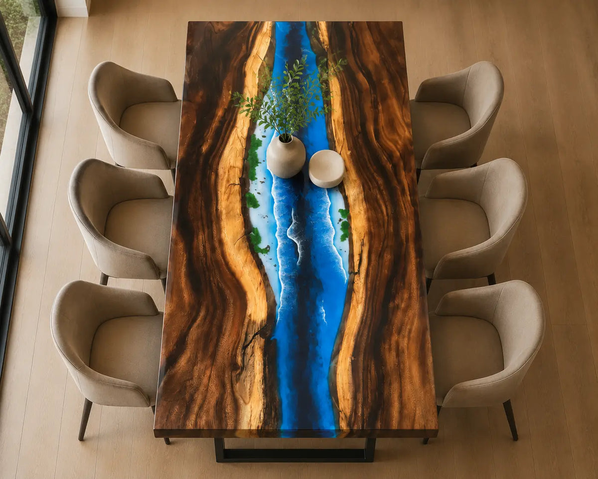 EDTC18 Azure Falls Ocean Blue Epoxy Walnut Dining Table featuring handcrafted walnut wood and ocean blue resin-3