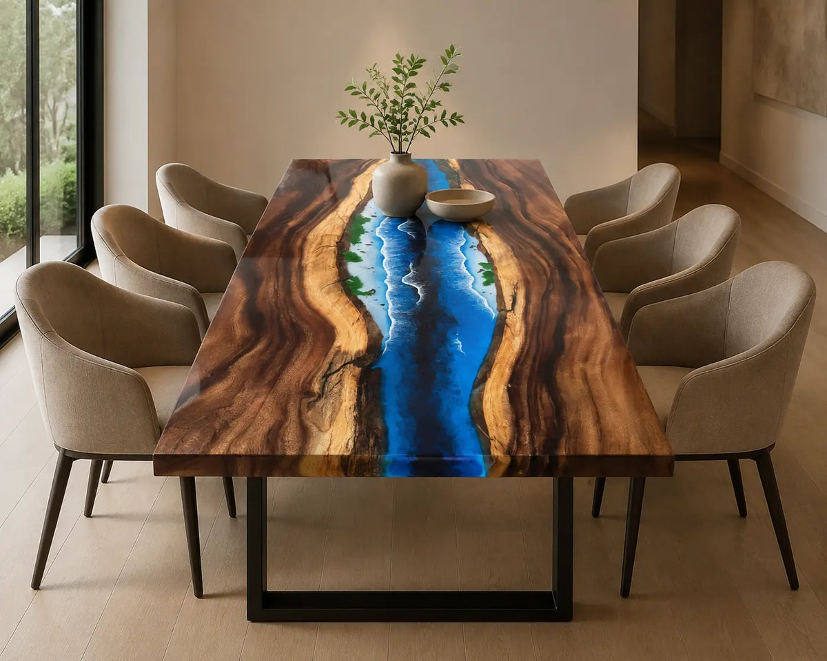 EDTC18 Azure Falls Ocean Blue Epoxy Walnut Dining Table featuring handcrafted walnut wood and ocean blue resin-5