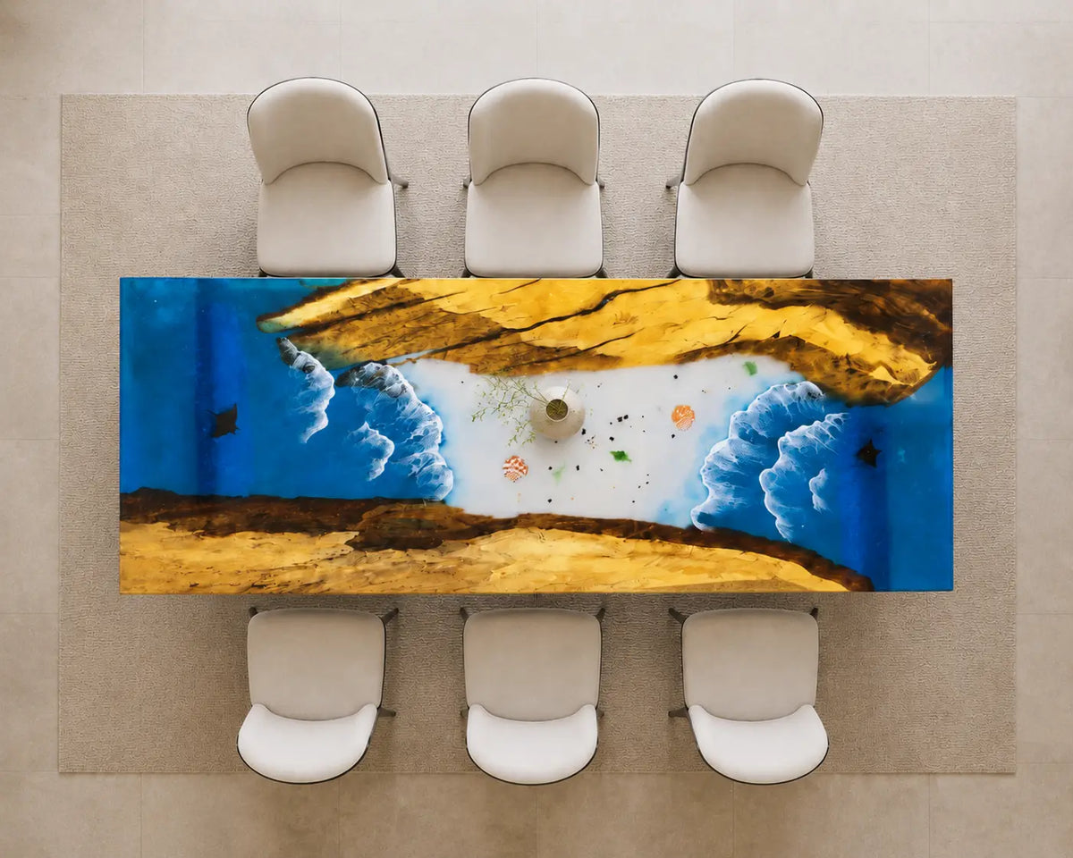EDTC20 Surfline Atlas Ocean Blue Epoxy Walnut Dining Table featuring handcrafted walnut wood and ocean blue resin-1