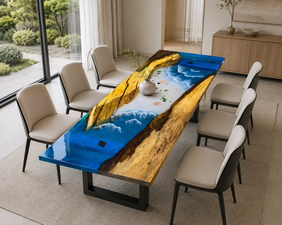 EDTC20 Surfline Atlas Ocean Blue Epoxy Walnut Dining Table featuring handcrafted walnut wood and ocean blue resin-2