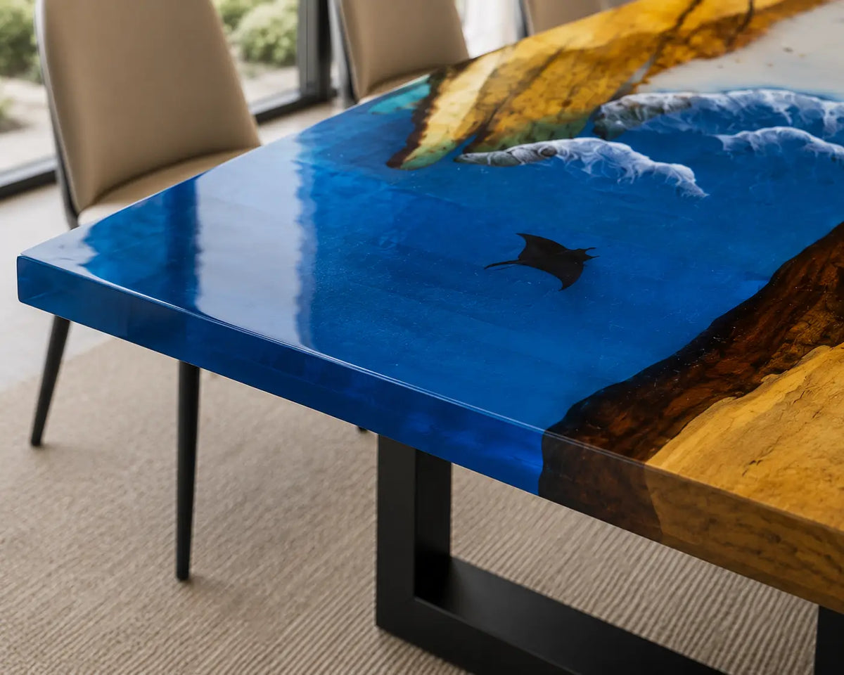 EDTC20 Surfline Atlas Ocean Blue Epoxy Walnut Dining Table featuring handcrafted walnut wood and ocean blue resin-4