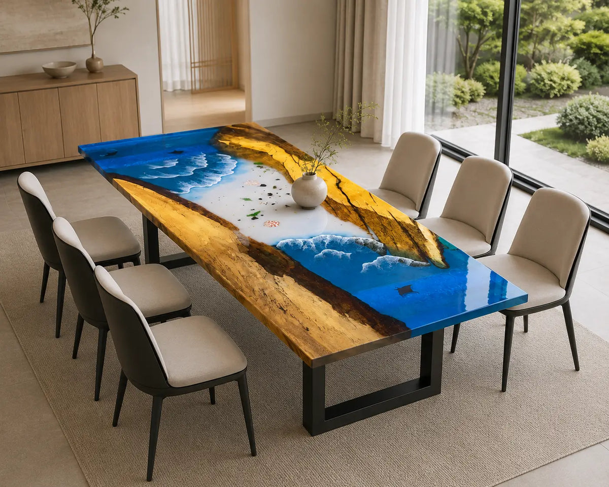 EDTC20 Surfline Atlas Ocean Blue Epoxy Walnut Dining Table featuring handcrafted walnut wood and ocean blue resin-5