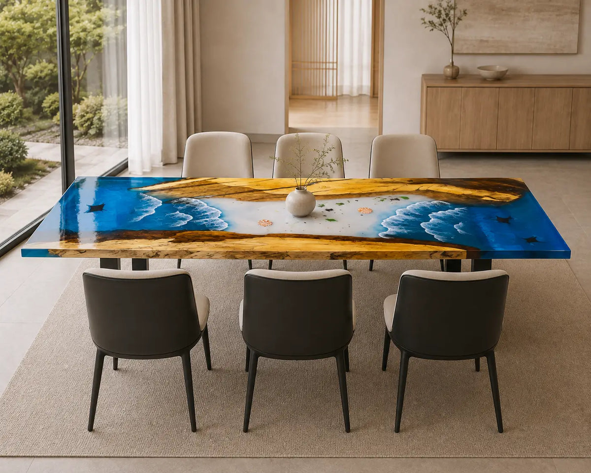 EDTC20 Surfline Atlas Ocean Blue Epoxy Walnut Dining Table featuring handcrafted walnut wood and ocean blue resin-6