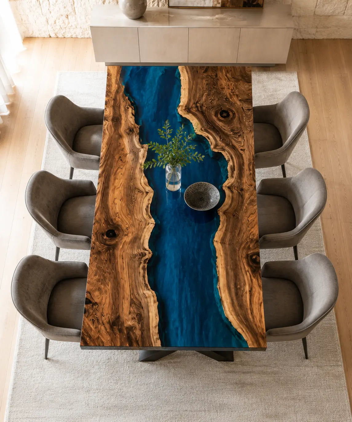 EDTC22 Atlantic Current Deep Blue Epoxy Walnut Dining Table featuring handcrafted walnut wood and deep blue resin-1