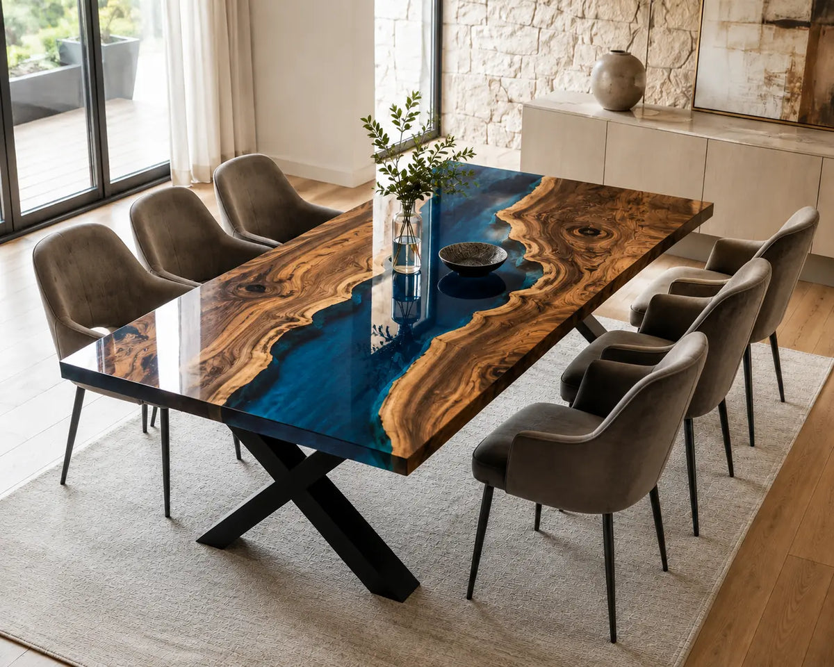 EDTC22 Atlantic Current Deep Blue Epoxy Walnut Dining Table featuring handcrafted walnut wood and deep blue resin-2