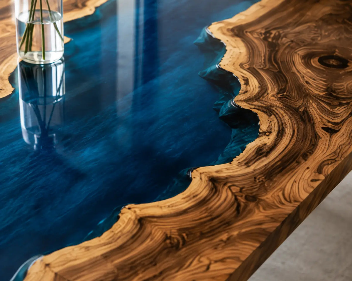EDTC22 Atlantic Current Deep Blue Epoxy Walnut Dining Table featuring handcrafted walnut wood and deep blue resin-3