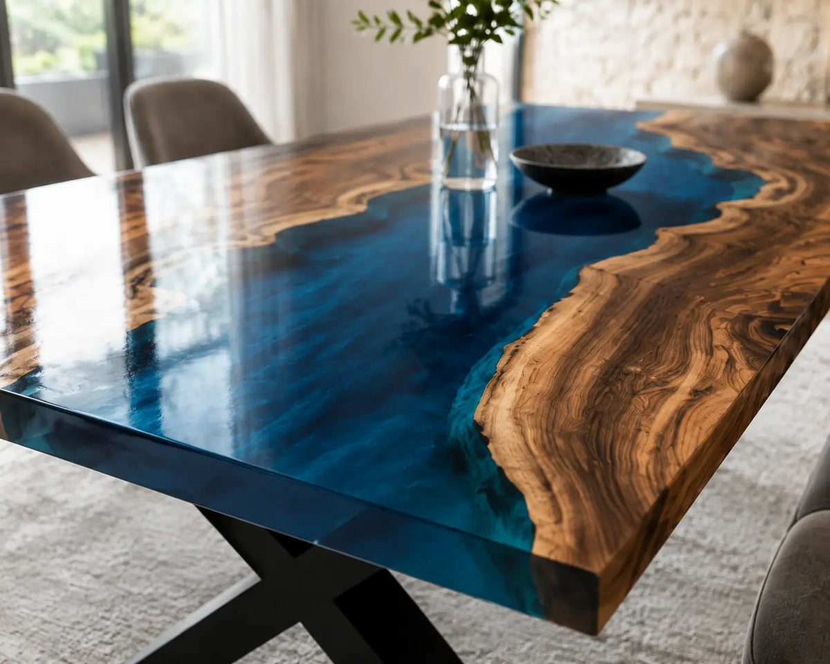 EDTC22 Atlantic Current Deep Blue Epoxy Walnut Dining Table featuring handcrafted walnut wood and deep blue resin-4