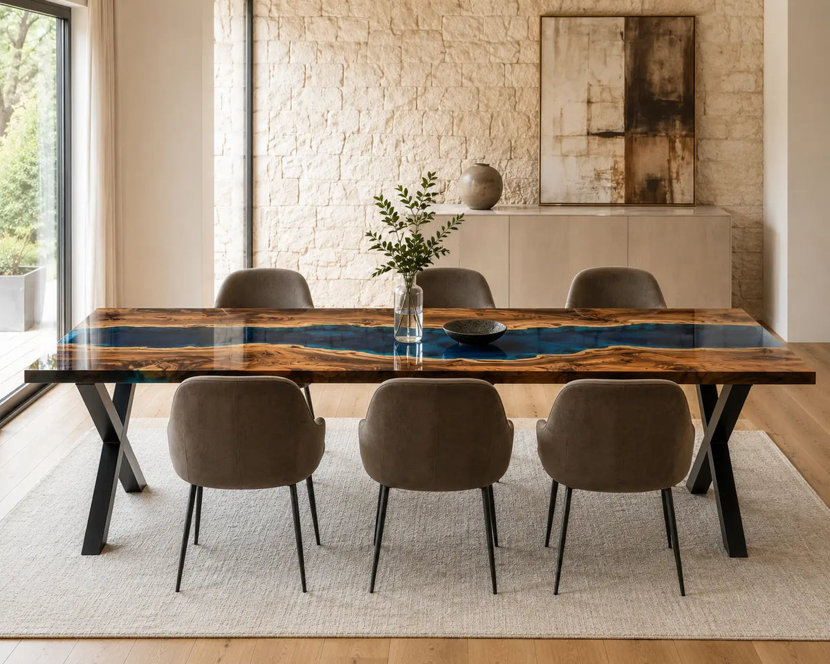 EDTC22 Atlantic Current Deep Blue Epoxy Walnut Dining Table featuring handcrafted walnut wood and deep blue resin-5