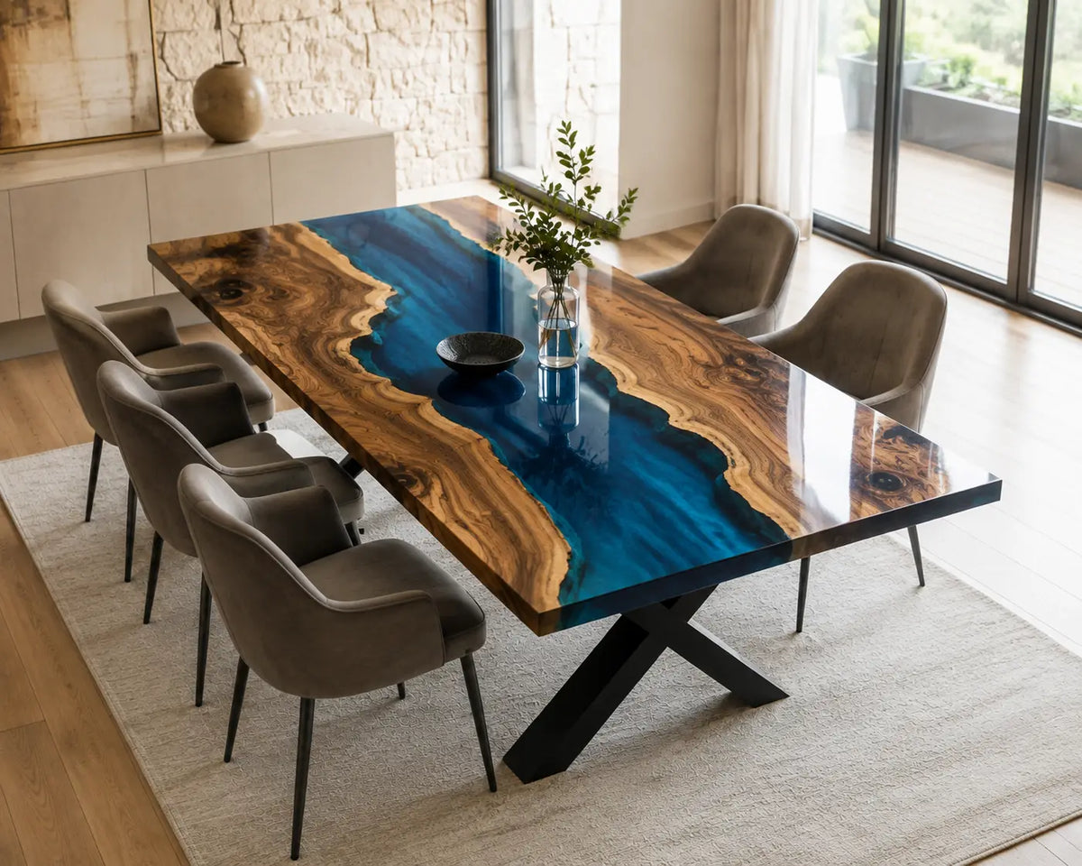 EDTC22 Atlantic Current Deep Blue Epoxy Walnut Dining Table featuring handcrafted walnut wood and deep blue resin-6
