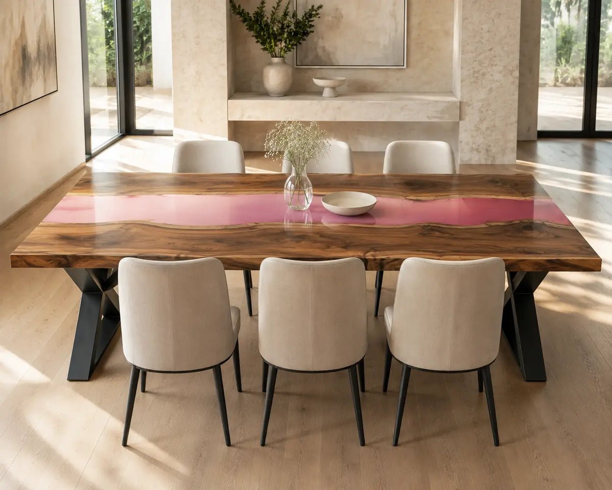 EDTC23 Rosewater River Rose Pink Epoxy Walnut Dining Table featuring handcrafted walnut wood and rose pink resin-1