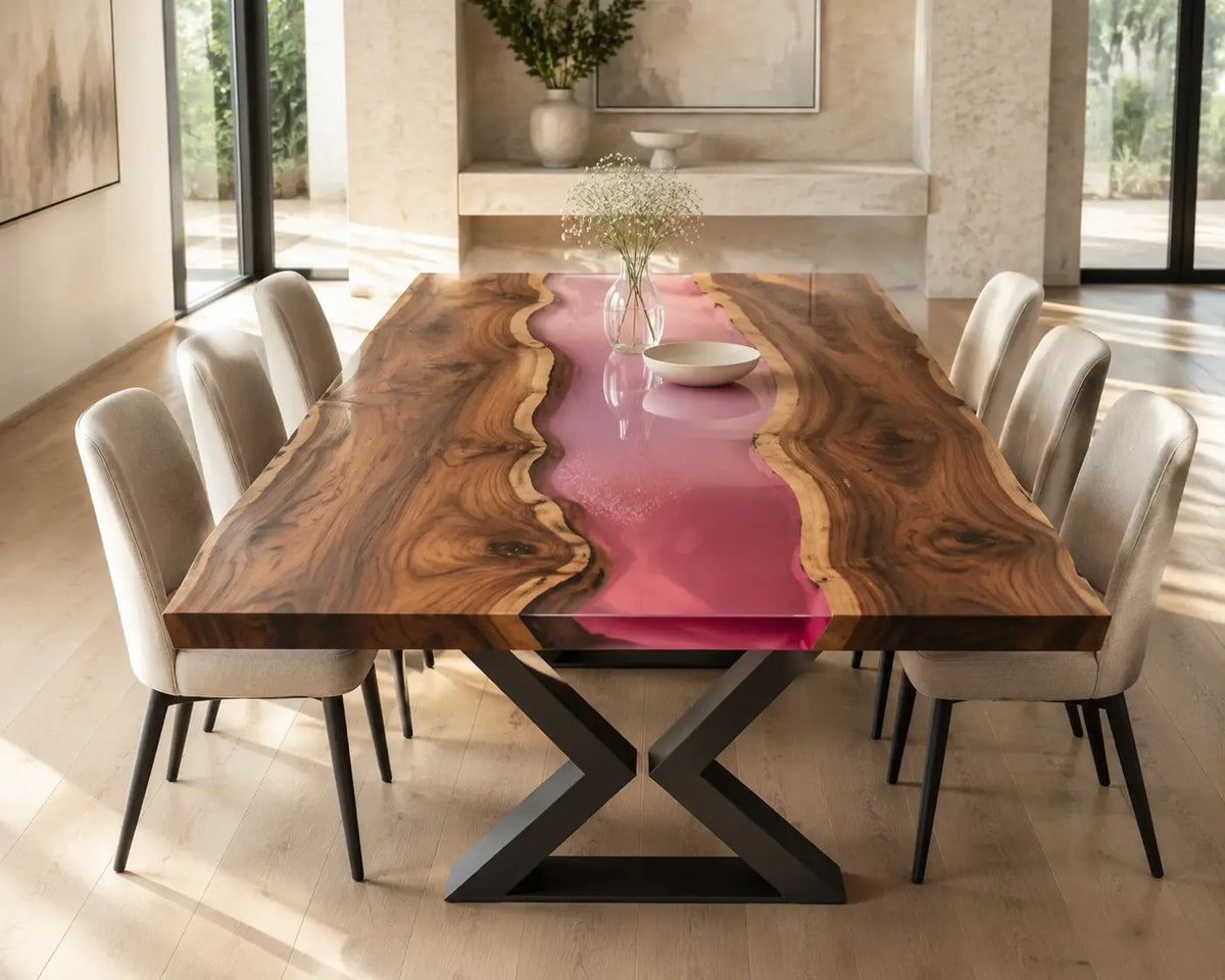 EDTC23 Rosewater River Rose Pink Epoxy Walnut Dining Table featuring handcrafted walnut wood and rose pink resin-2